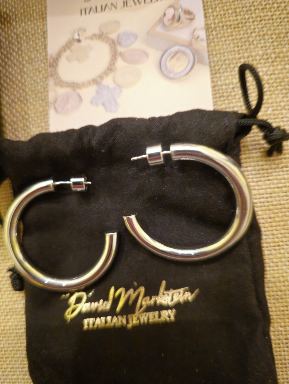David Markstein Italian Silvertone 7.5mm Polished 1.5" Hoop Earrings NWT & Box